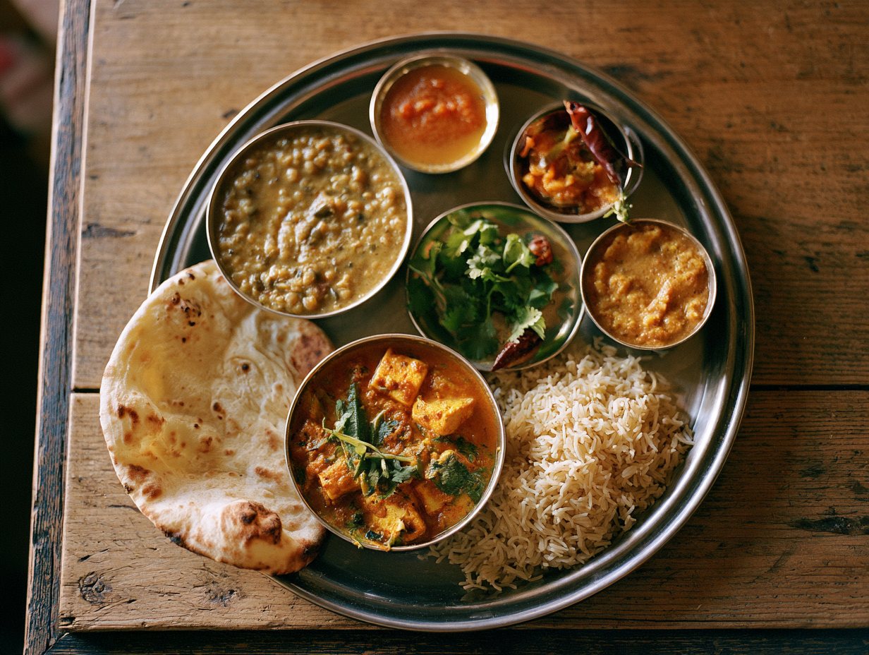 Thali vegetariano indio con dal, paneer, arroz basmati y naan sobre mesa de madera